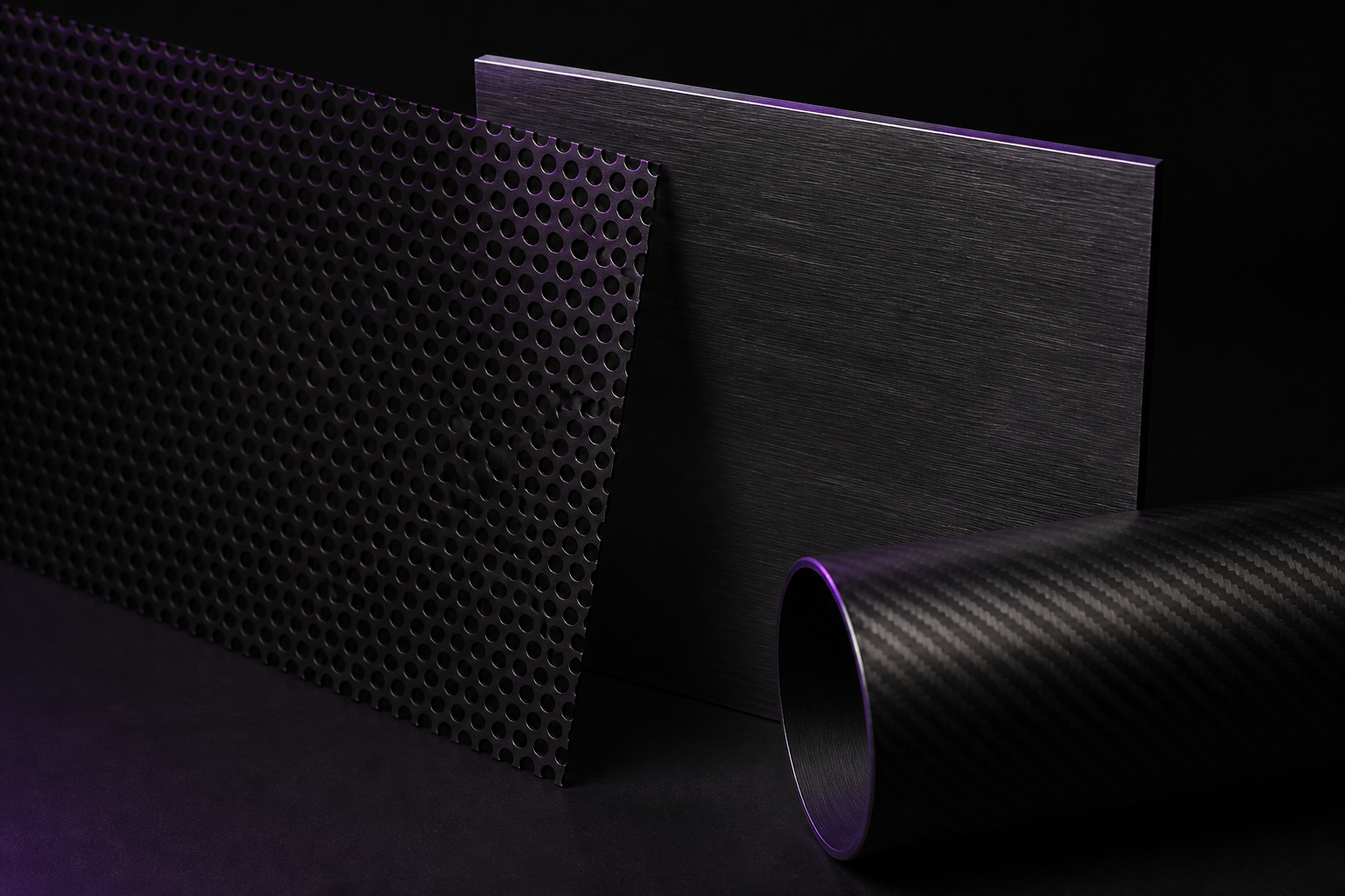 Abstract study of perforated metal, brushed aluminum, and carbon material.