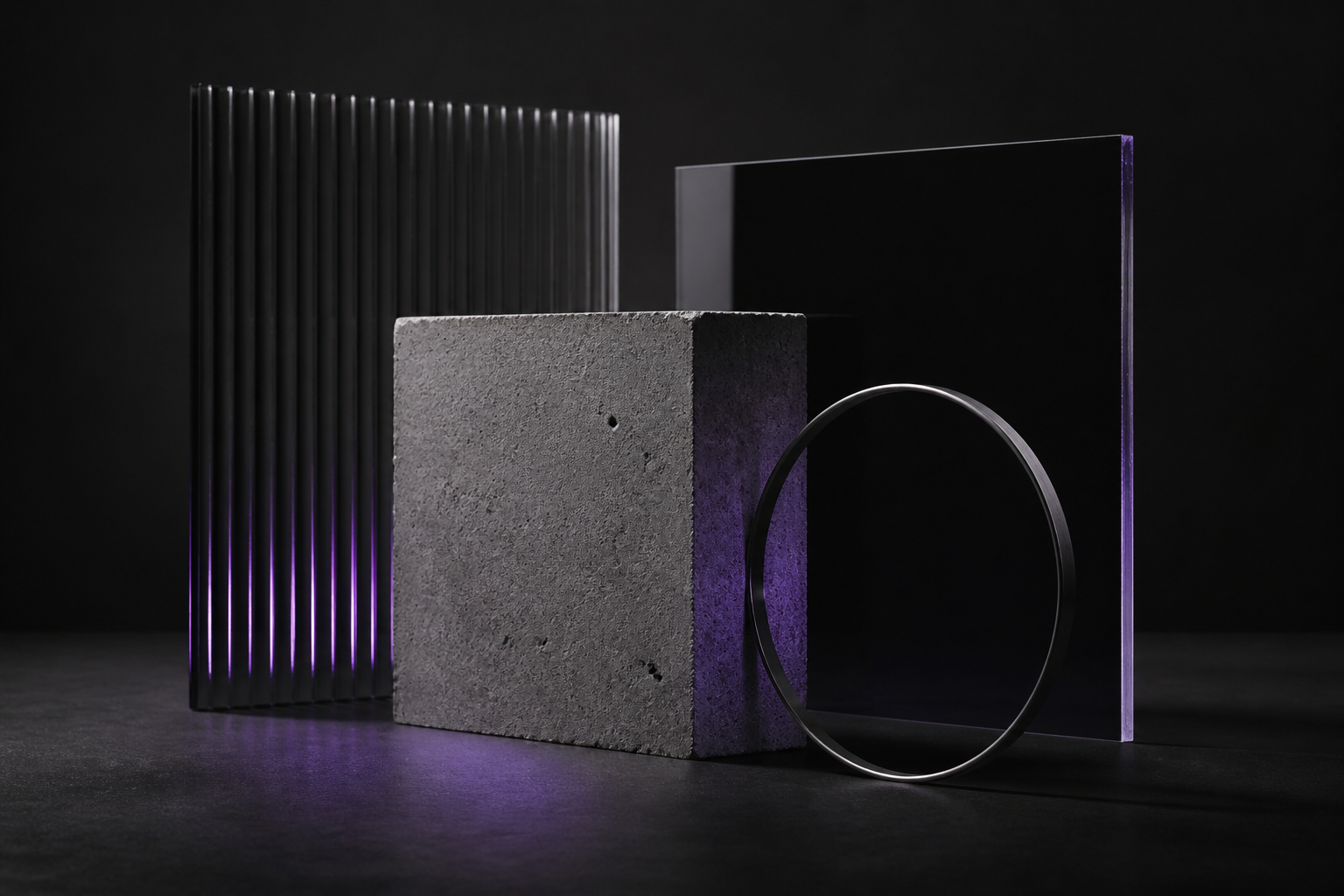 Abstract study of concrete, smoked glass, and a steel ring.